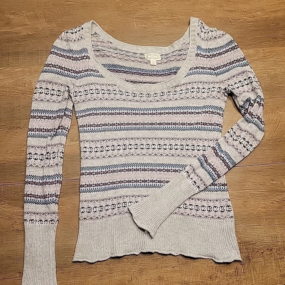 Anthropologie Kaisley Striped Blue Purple Fair Isle Scoop Neck LS Sweater Med